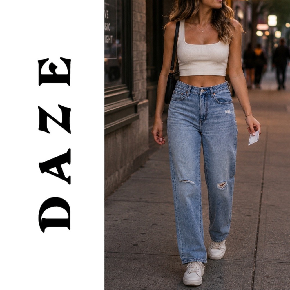 Daze, Organic Cotton Wide Leg Straight Distressed Jeans Fools Light Wash Blue 31